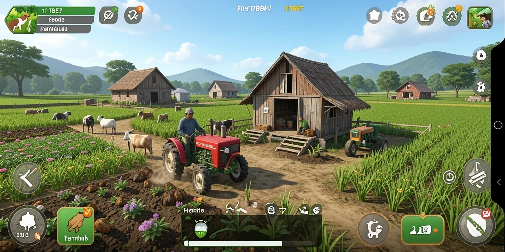 Screenshot gameplay 11TBET menunjukkan ladang yang subur dan penuh aktivitas pertanian.