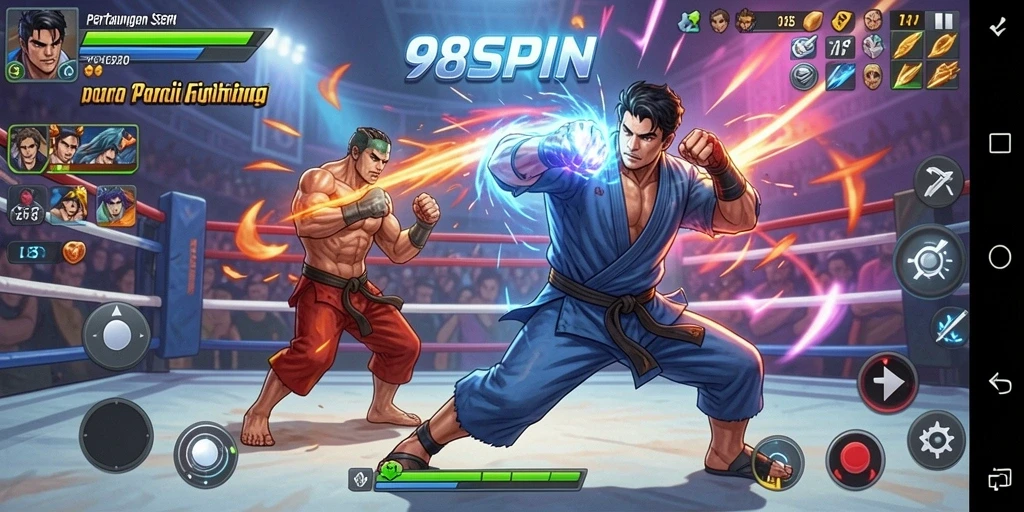 Tampilan gameplay <strong>98SPIN</strong> yang menampilkan pertarungan yang seru dan dinamis.