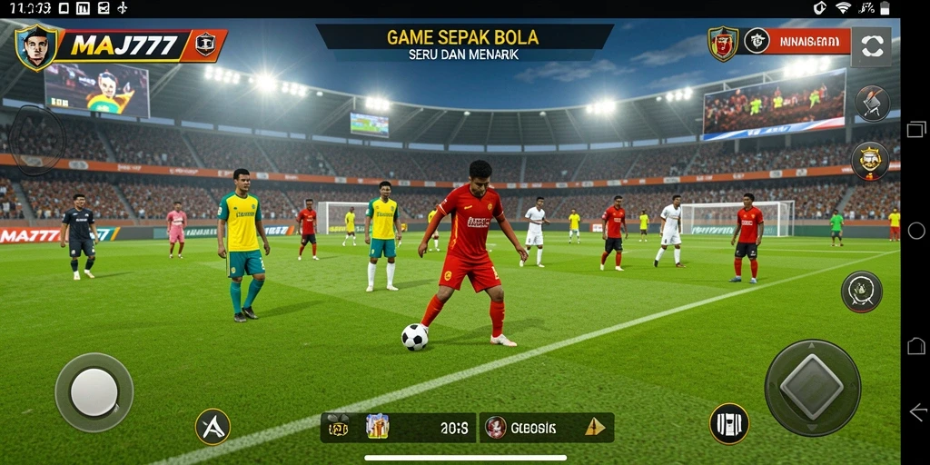 Screenshot utama MAJ777 menampilkan aksi seru di lapangan sepak bola.