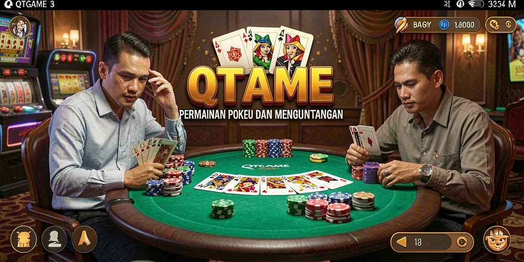Screenshot gameplay QTGAME menunjukkan aksi Poker yang mendebarkan.