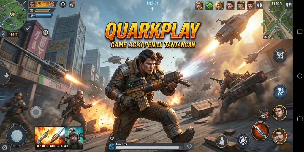 Tangkapan layar utama QUARKPLAY dengan aksi mendebarkan dan karakter heroik.