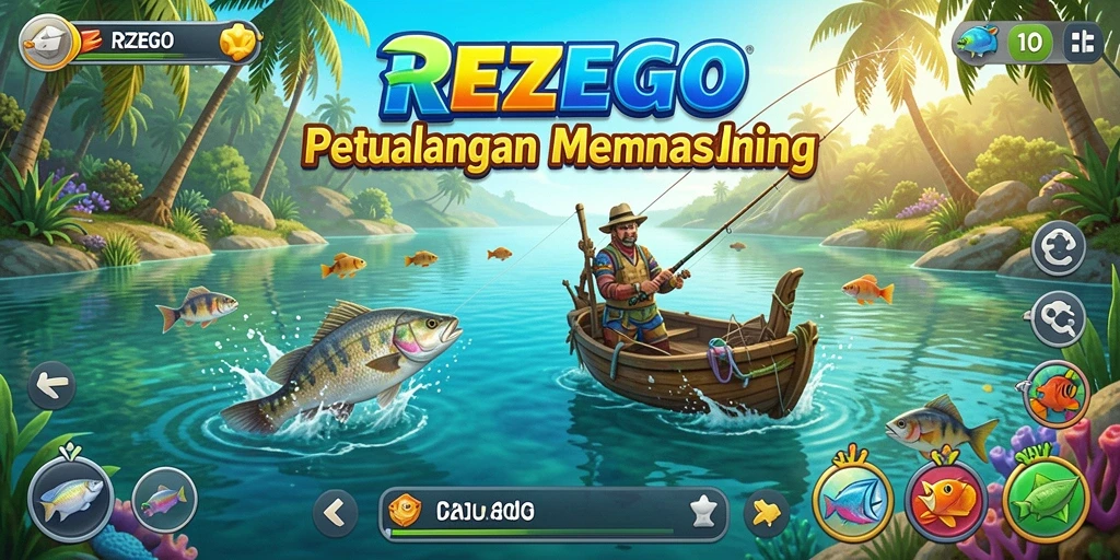 Menampilkan aksi memancing mendebarkan di <strong>REZEGO</strong> dengan berbagai jenis ikan.