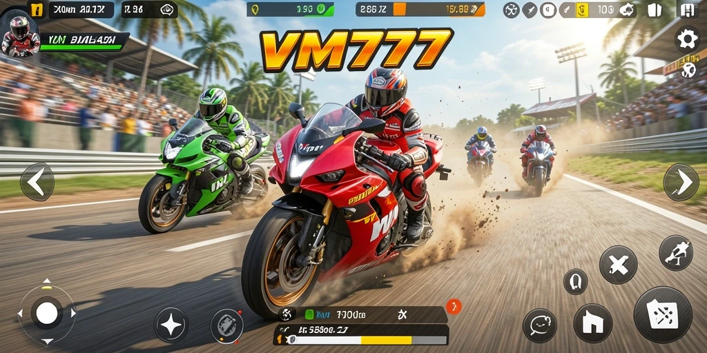 Tangkapan layar menunjukkan aksi balapan motor yang intens di VM777.